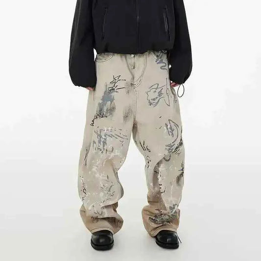 Hand-Painted Graffiti Distressed Denim Jeans