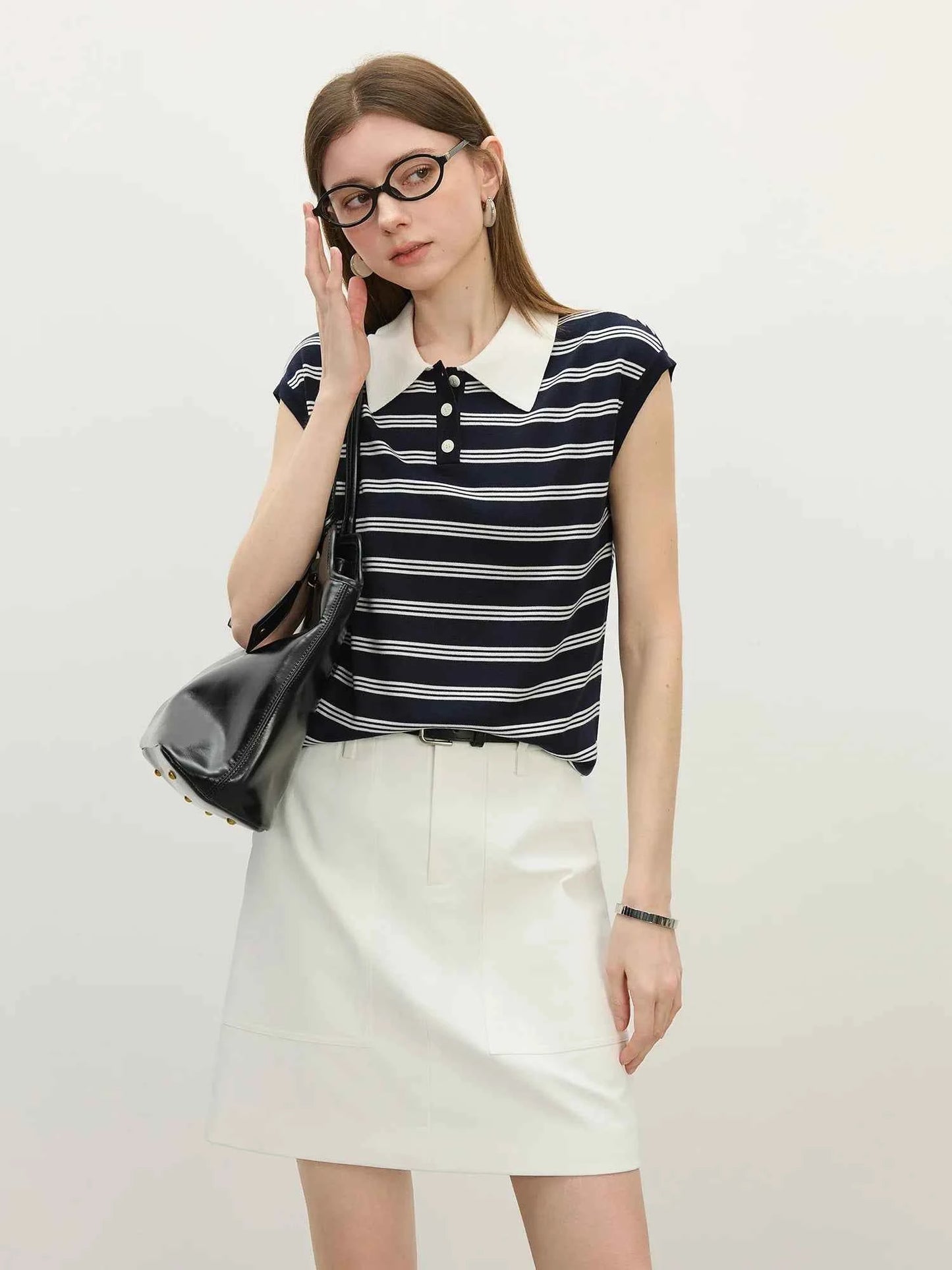 Women Casual Striped Knit Sleeveless Button Collar T-Shirt