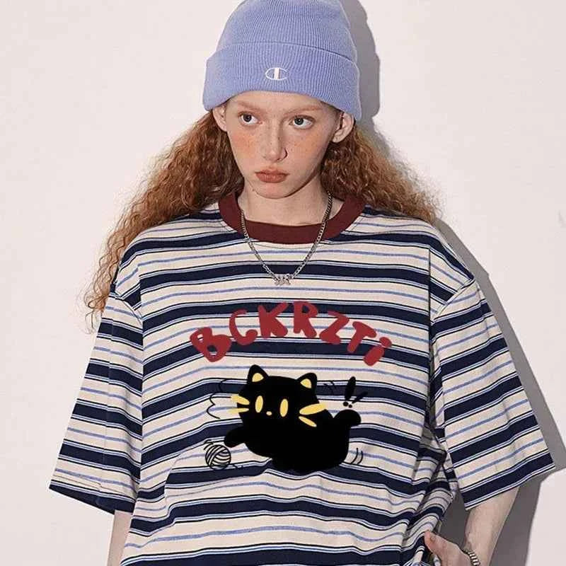 Women Retro Hip Hop Stylish Black Cat Print Striped T-Shirt