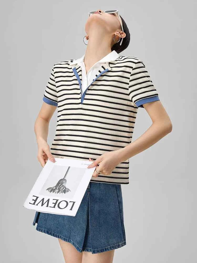 Cozy Striped Polo V-Neck Knit T-Shirt