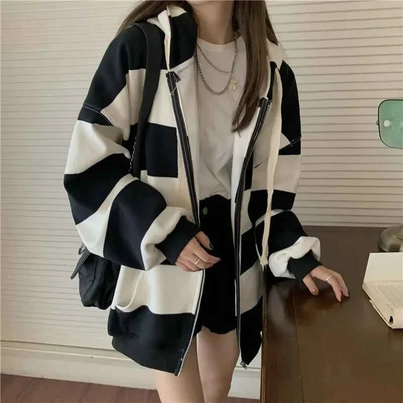 Stylish Korean Style Striped Loose Hooded Sweatshirt