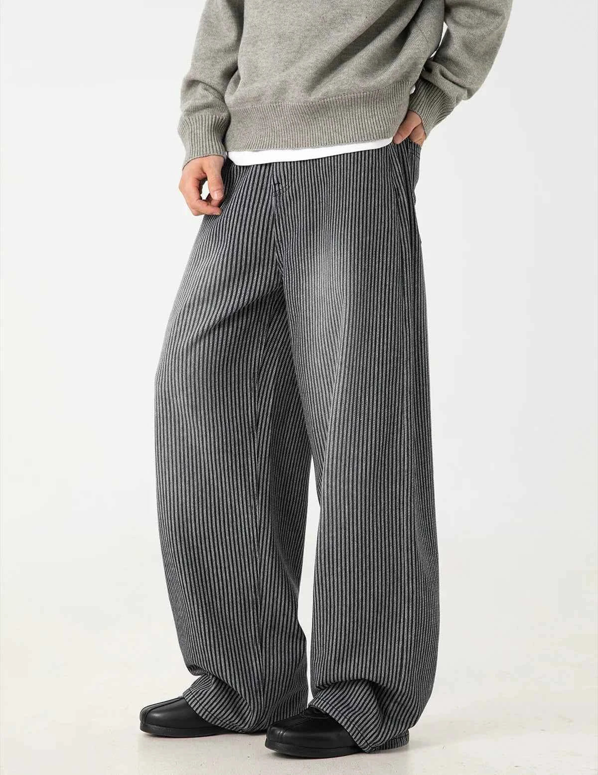 Streetwear Washed Relaxed Fit Striped Straight Leg Jeans
