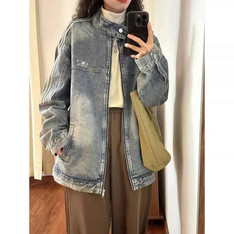 Blue Denim Zipper Casual Denim Jacket