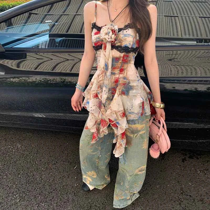 Women Chic Retro Floral Print Wide Leg Jeans