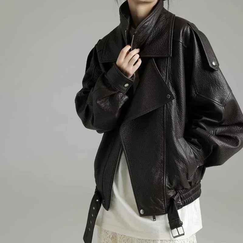 Women Oversized Genuine Leather Jacket