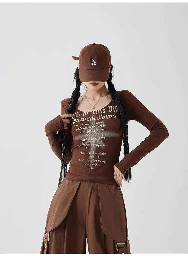 Retro American Letter Printed Velvet T-Shirt