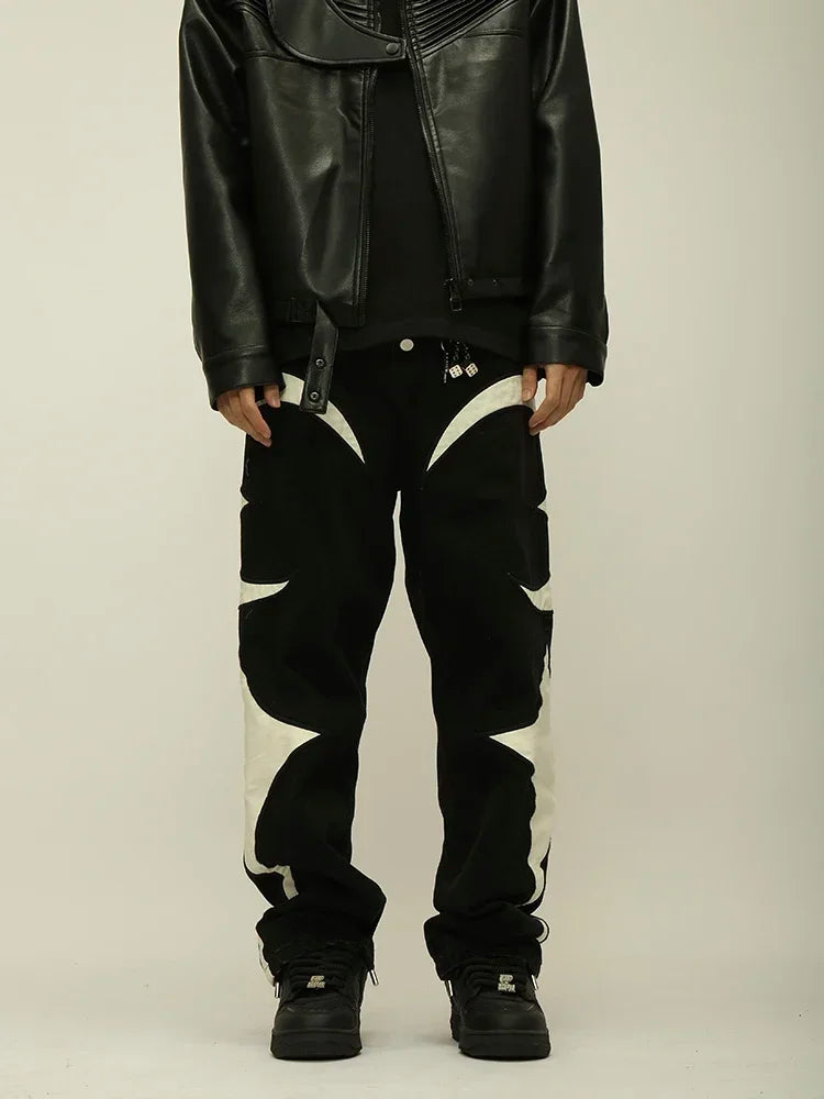 Crescent Embroidery Patchwork Baggy Pants