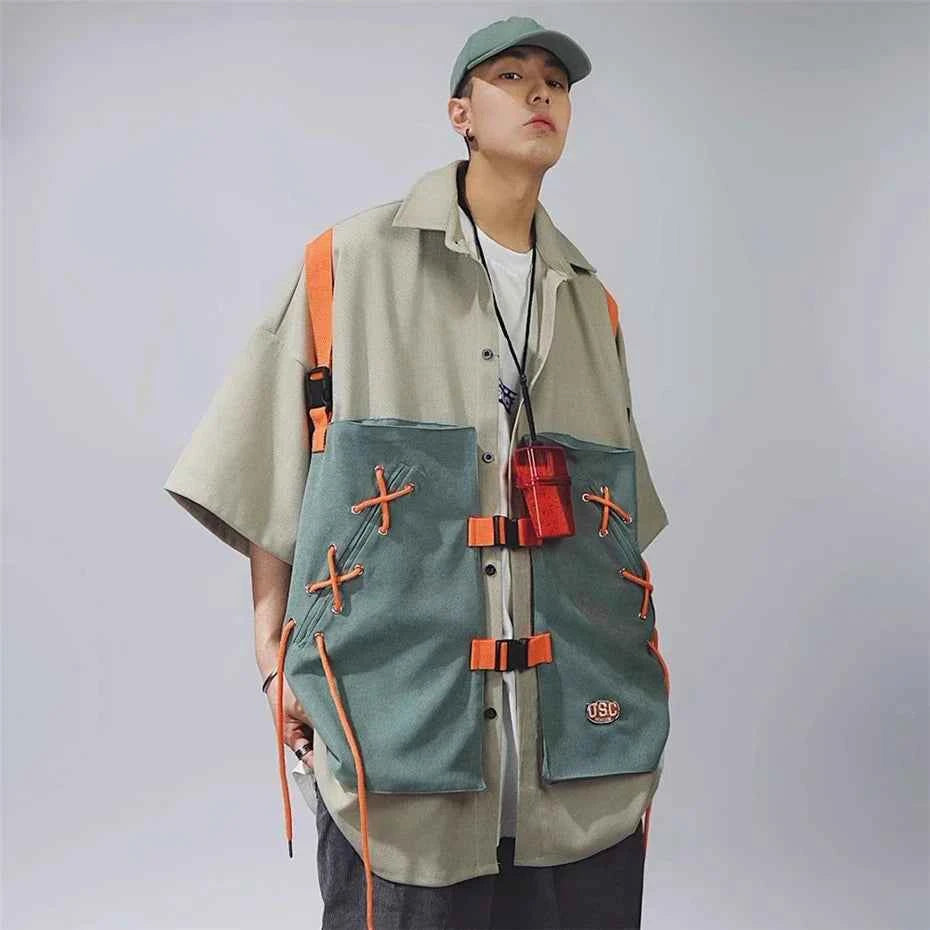 Vintage Patchwork Cargo Short Sleeve Shirt