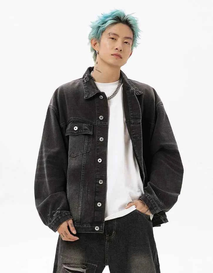 Damaged Neckline Loose Denim Jacket