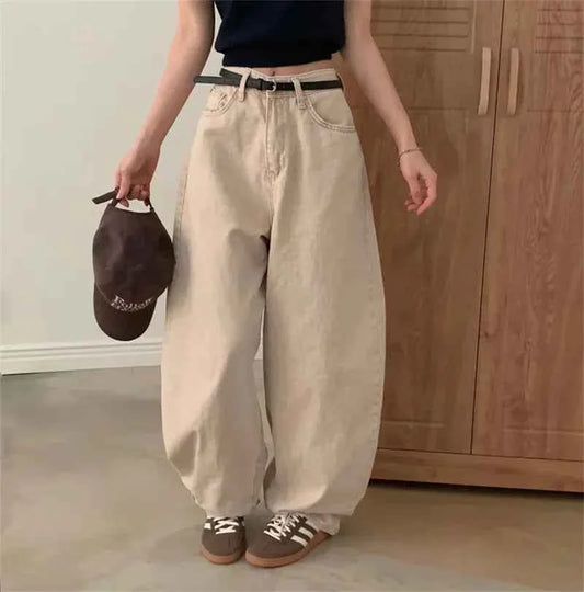 Women Retro High Waist Washed Loose Jeans