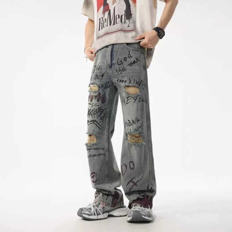 Sporty Edge Graffiti Loose Straight Retro Jeans