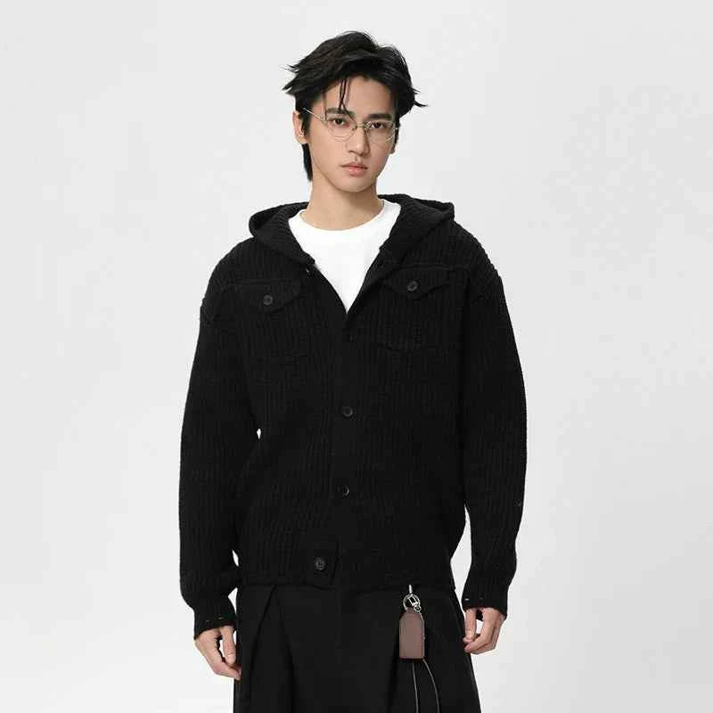 Frayed Design Thick Knit Hooded Knits Cardigan