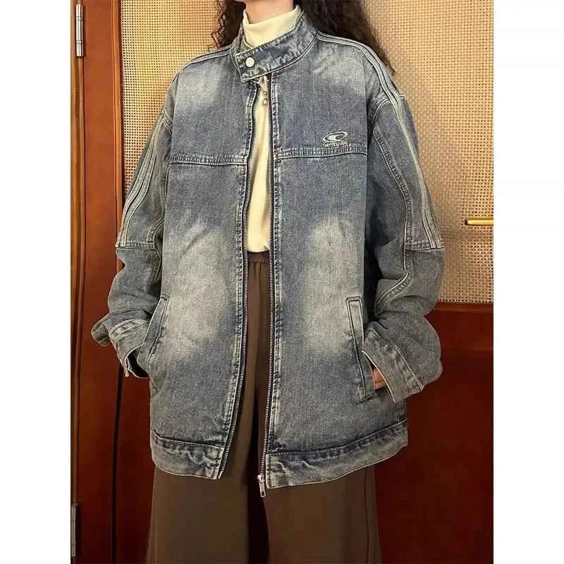 Blue Denim Zipper Casual Denim Jacket