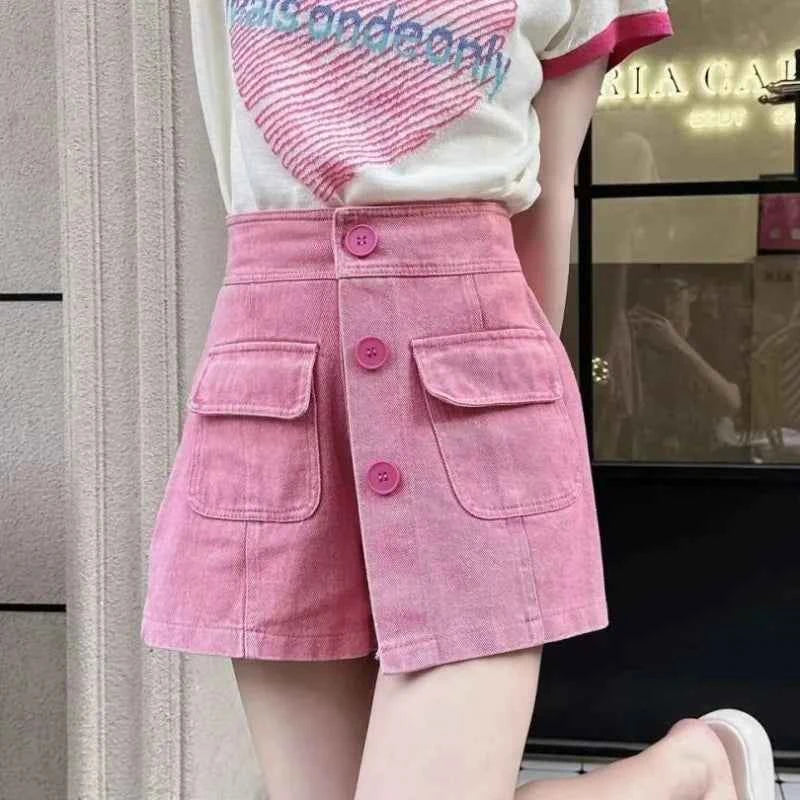 Pink High Waist Culotte Denim Cargo Skirt