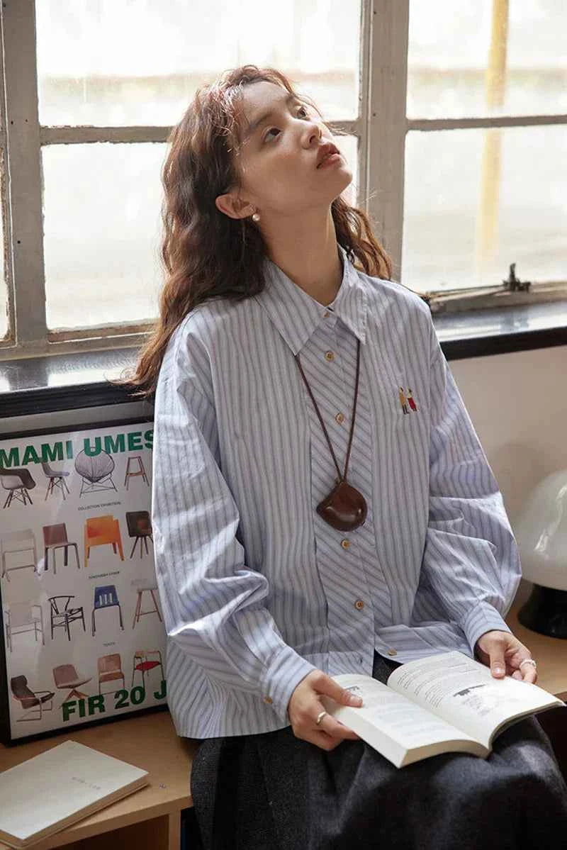 Women Classic Chic Vintage Striped Embroidered Shirt