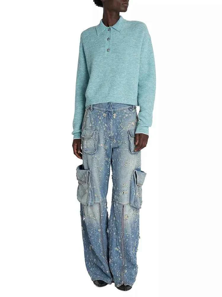 Midnight High Waist Patchwork Denim Cargo Jeans