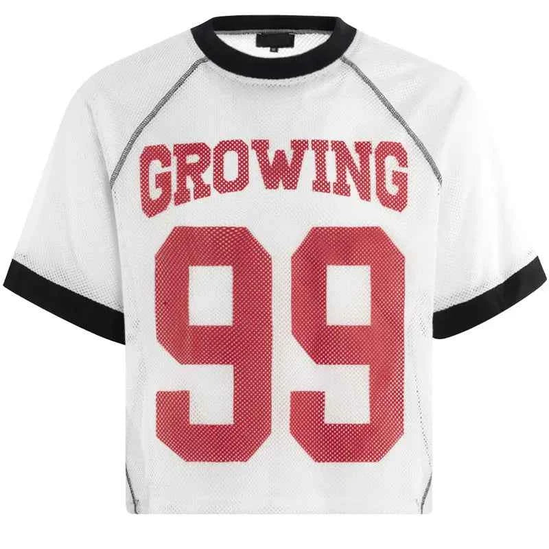 Y2K Patchwork Mesh O-Neck Collar Graphic Sport T-Shirt