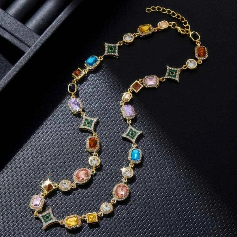 Colorful Zirconia Geometric Chain Necklace