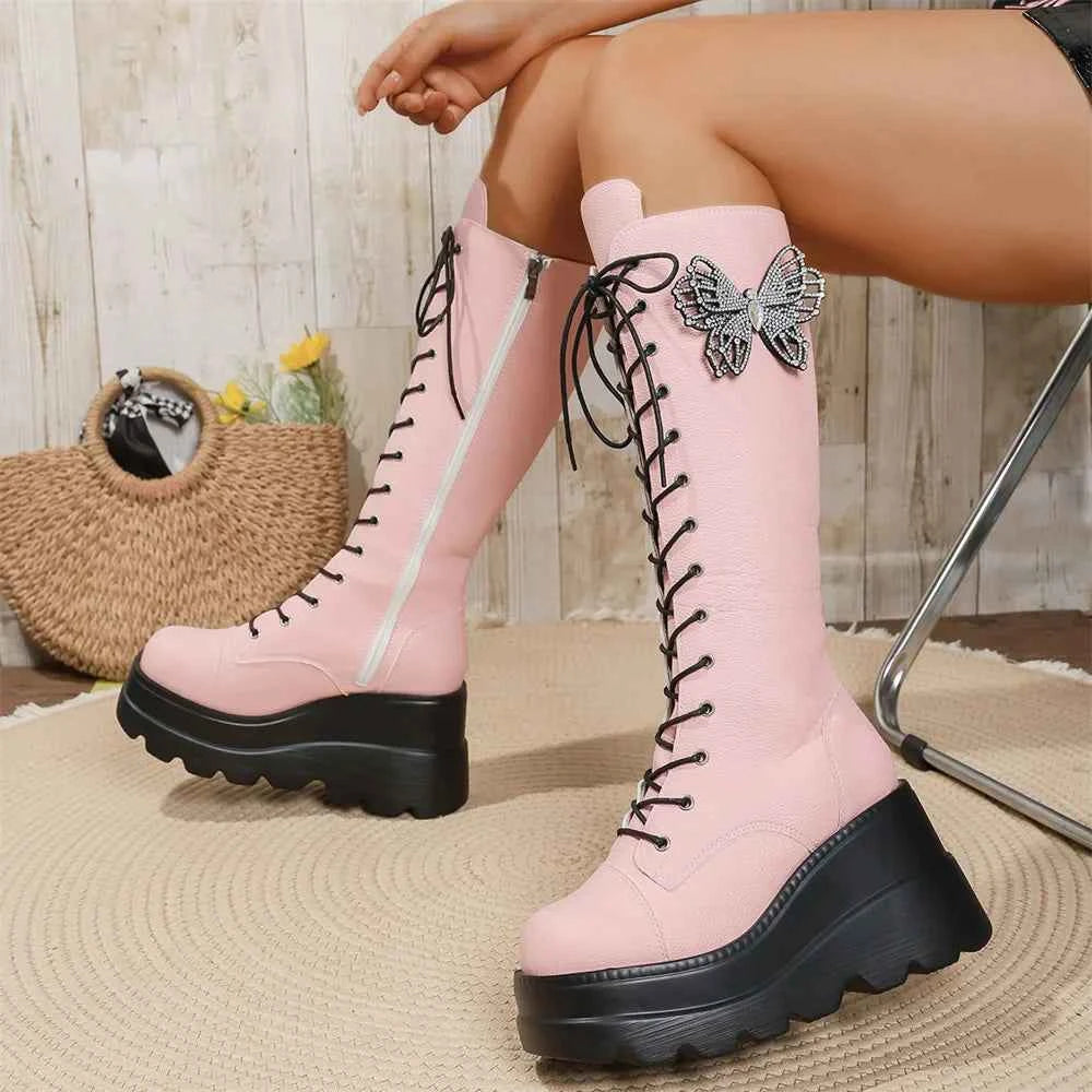 Chunky Platform Butterfly Knee High Zipper Boot