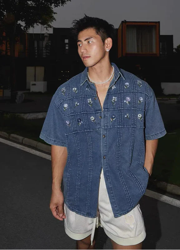 Men's Embroidered Denim Short Sleeve Shirt - Luxuryurbanwear