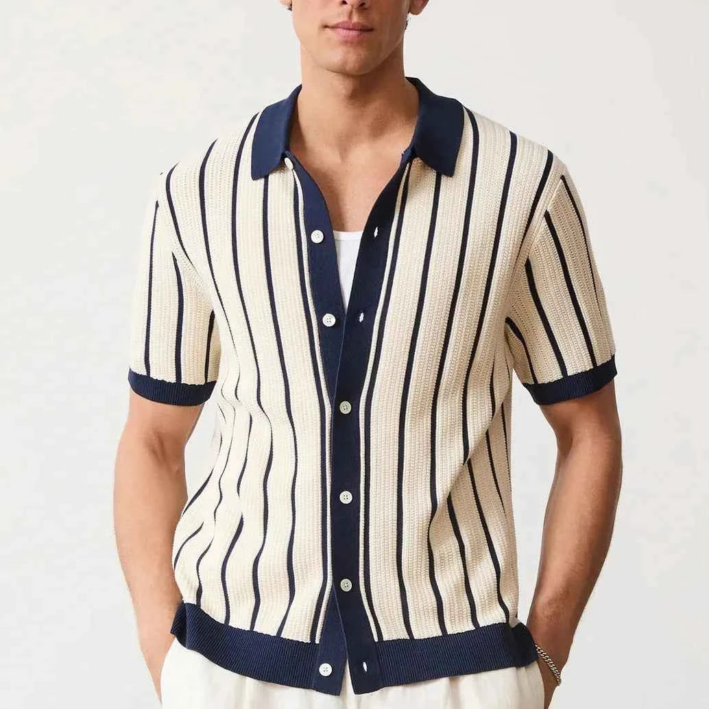 Stylish Striped Knit Polo Cardigan