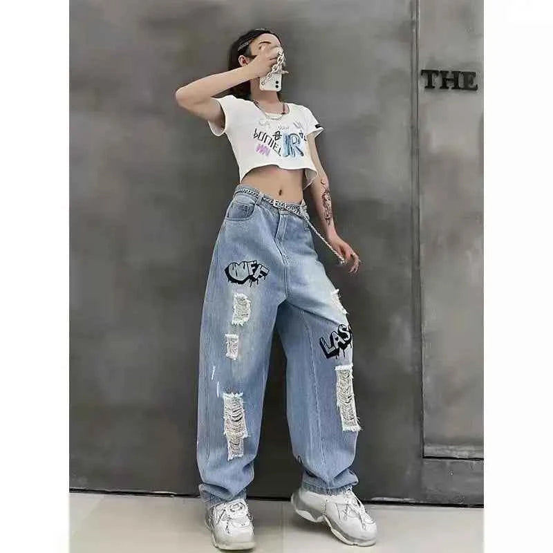 Women High Waist Graffiti Wide Leg Jeans