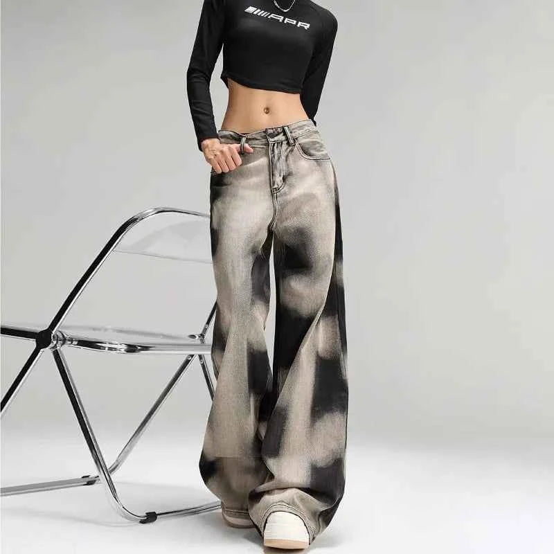Women Vintage Grey Tie Dye Baggy Jeans