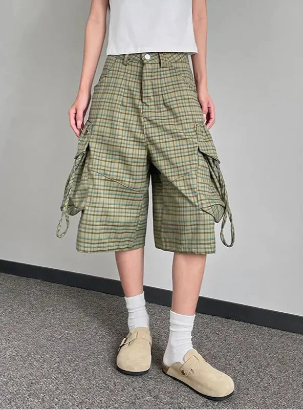 Comfortable Y2K Plaid Print High Waist Denim Cargo Short - Luxuryurbanwear