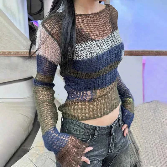 Women Streetwear Striped Hollow Out Sexy Knit Sweater