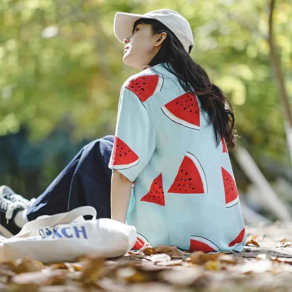 Watermelon Print Loose Collar Beach Shirt