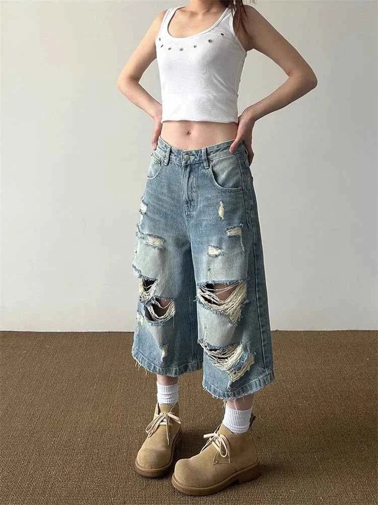 Streetwear Comfort Distressed Wide Leg Denim Jorts