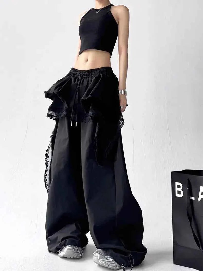 Contrasting Color Patchwork Lace Wide Pants