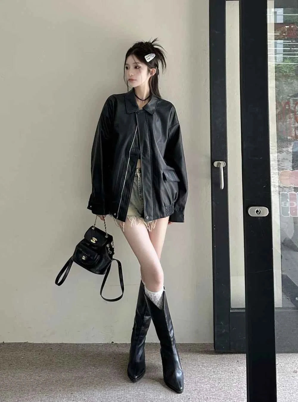 Women Retro Moto Bike Casual Style Leather Jacket