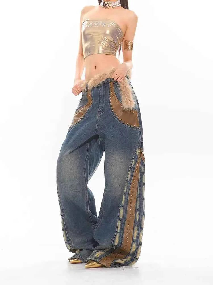 Retro Patchwork Leather Studded Distressed Jeans