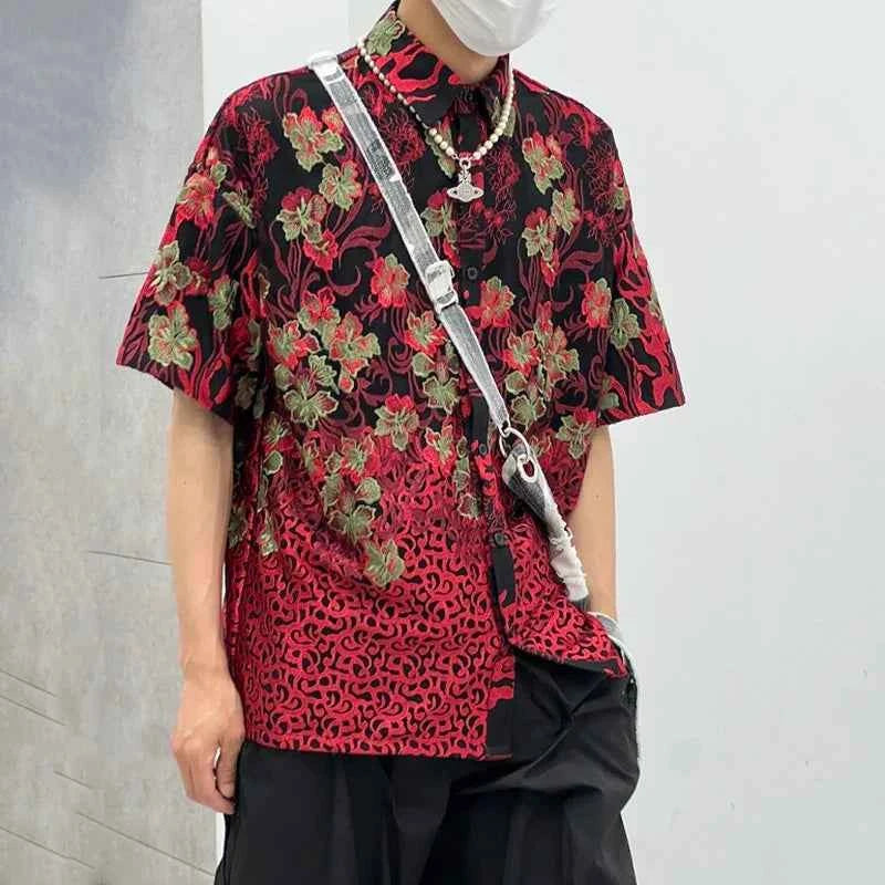 Men Korean Style Floral Print Lapel Casual Shirt