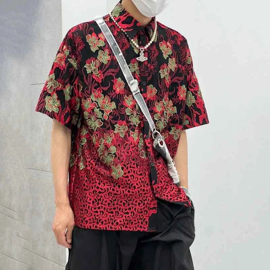 Men Korean Style Floral Print Lapel Casual Shirt