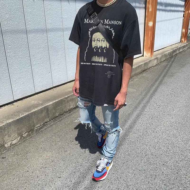 Vintage Washed Psychedelic Figure Printed T-Shirt