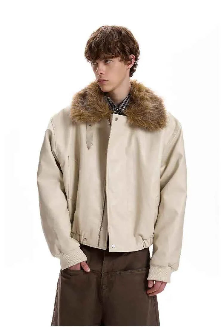 Luxury Faux Fur Lapel Leather Padded Jacket