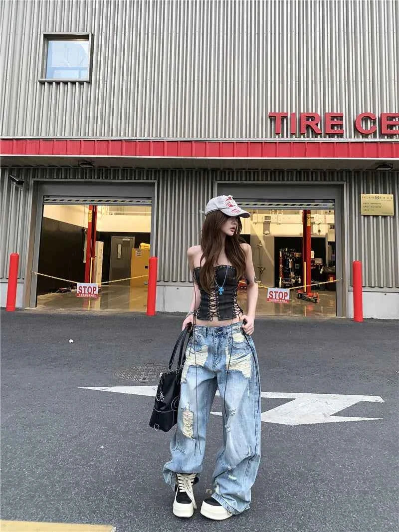 Breathable Comfort Vintage Ripped Wide Leg Jeans