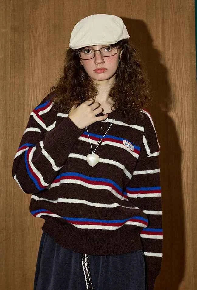Retro Chic Oversized Striped Polo Sweater