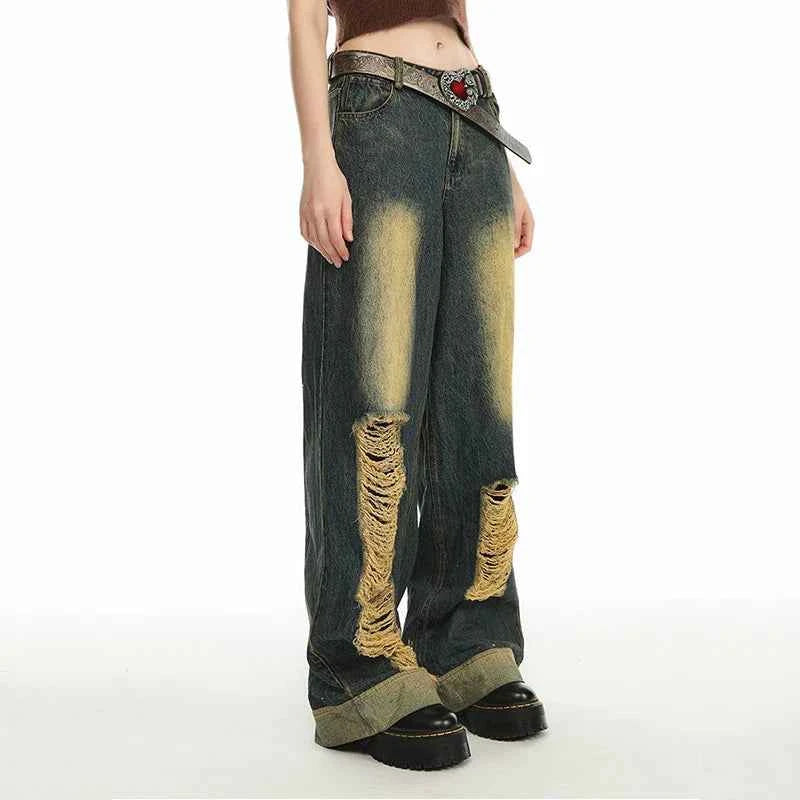 Summer Distressed High-Waist Wide-Leg Jeans