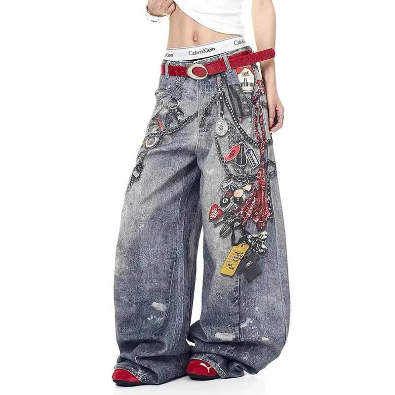 Korean Style Trendy 3D Printed Wide Leg Jeans