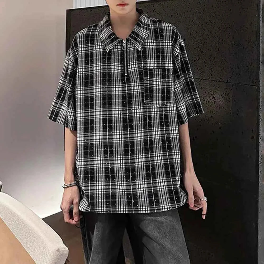 Diamond Plaid Half Zip Casual Shirt