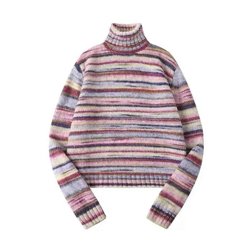 Y2K Women Rainbow Striped Turtleneck Sweater