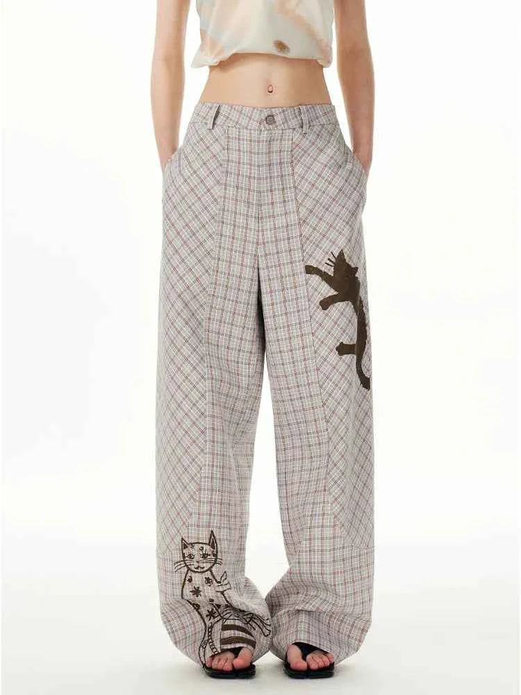 Comfort Plaid Cat Print Retro Sweatpants