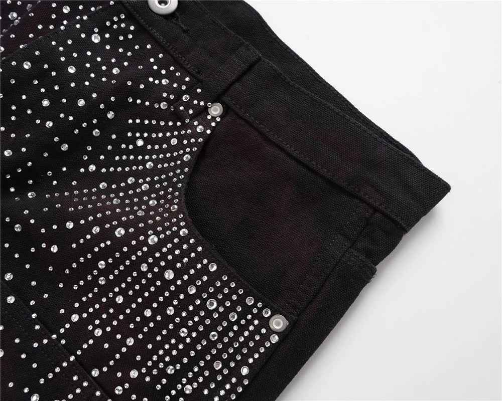 Streetwear Retro Rhinestone Distressed Denim Short