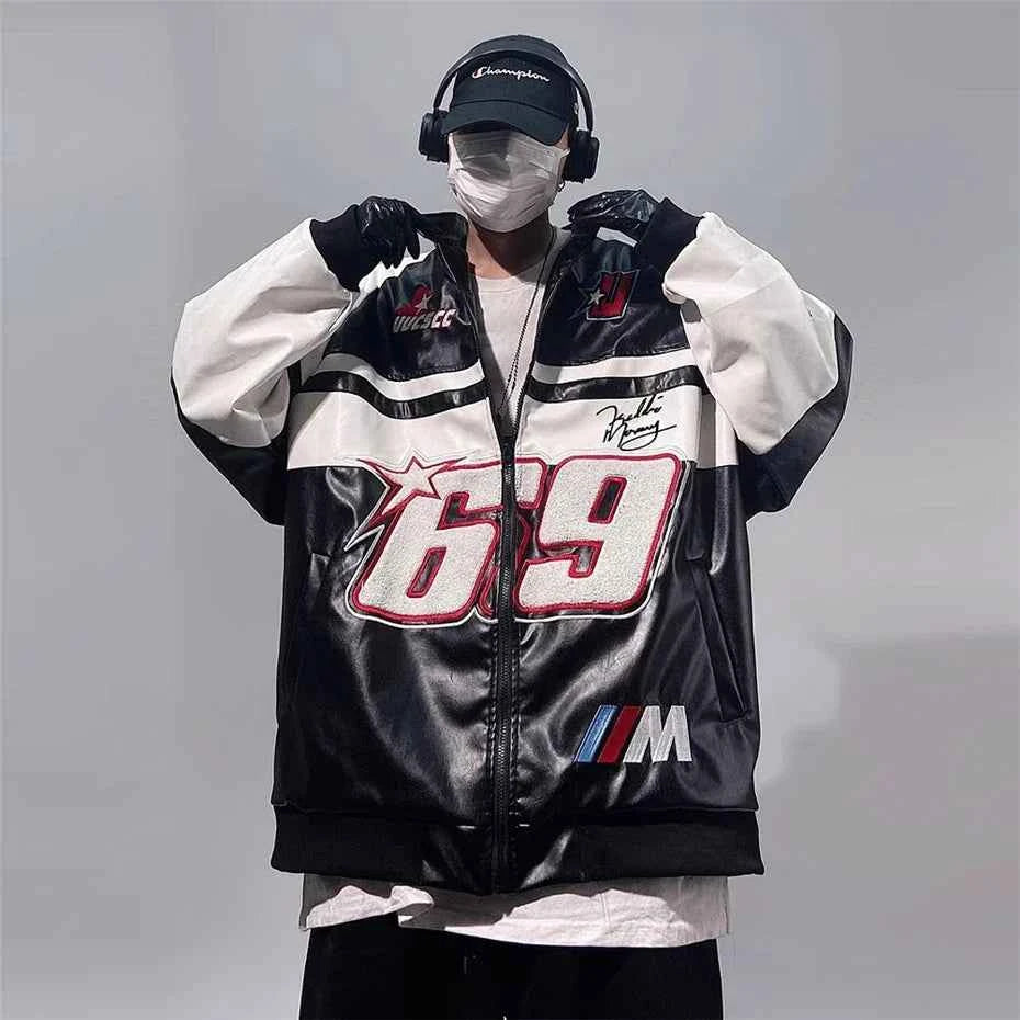 Streetwear Vintage PU Leather Race Jacket