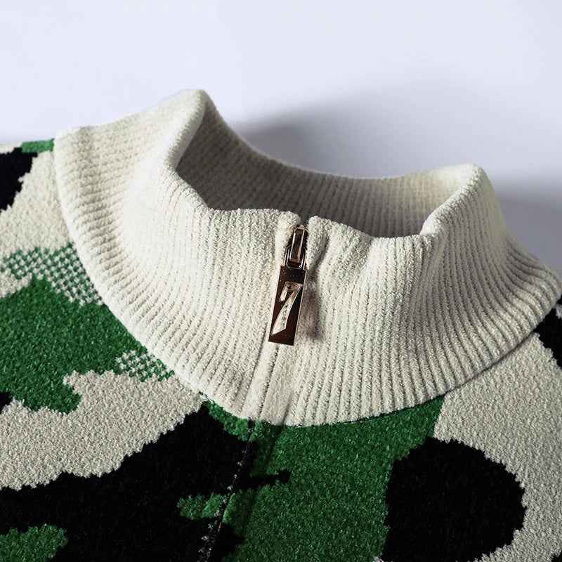 Streetwear Camouflage Zipper Knit Cardigan