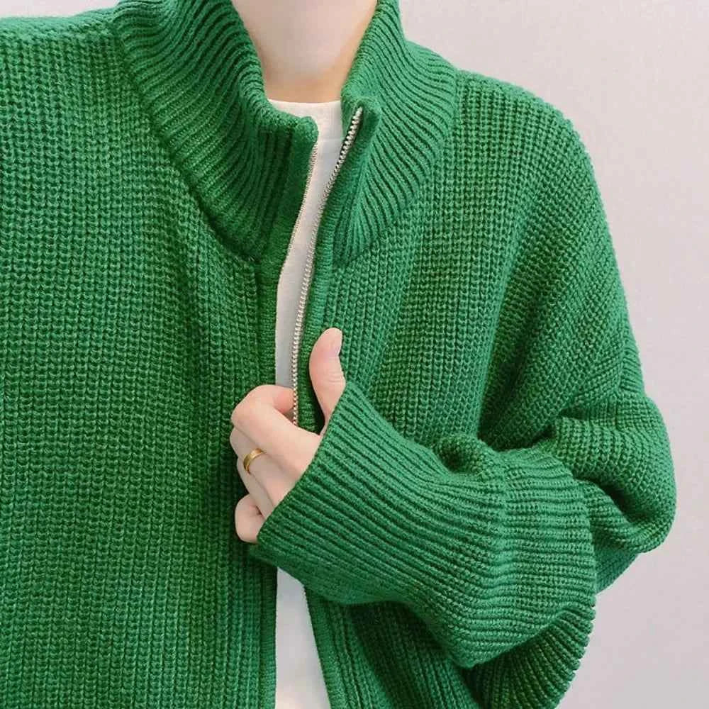 Y2K Green Knit Collared Zip-Up Sweater