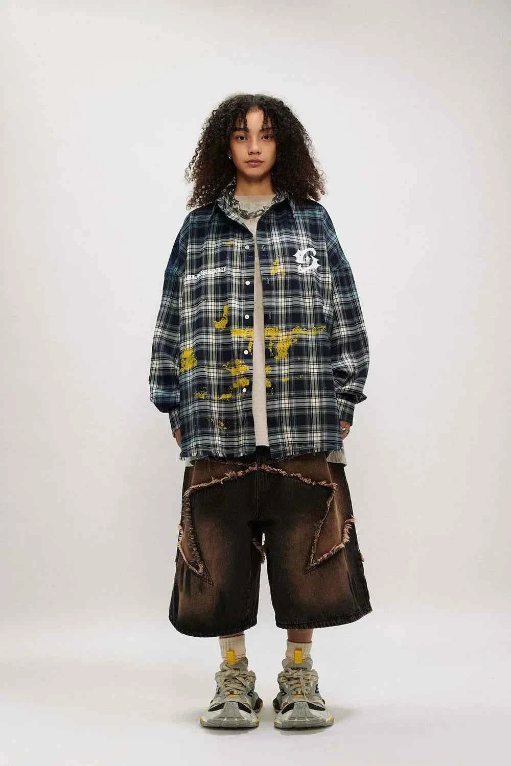 Women Flexible Vibrant Plaid Paint Splatter Shirt